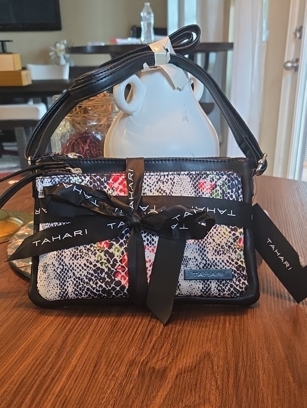 Tahari Black Crossbody With Attached Multi-Color Snake-Print Crossbody Pouch
